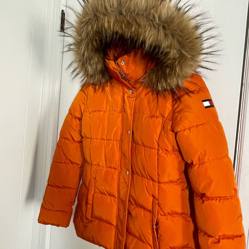 Tommy Hilfiger Vibrant Orange Jacket with Faux Fur Hood